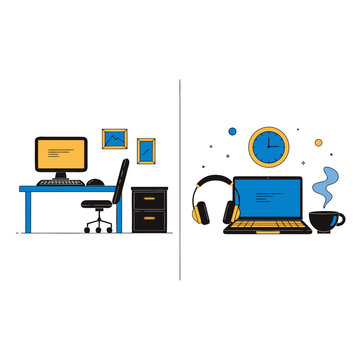 Hybrid work split screen comparing office workspace and work from home setup flat vector illustration