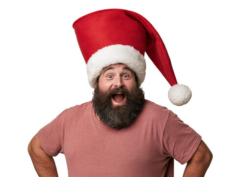 Excited Bearded Man Wearing Huge Santa Hat isolated on transparent or white background, png