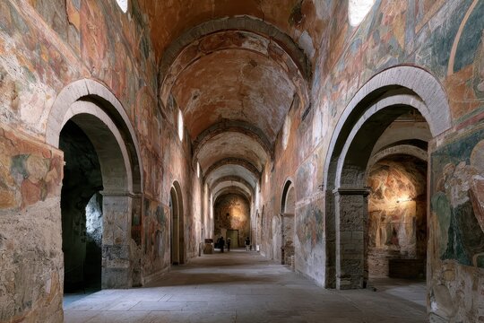 Quiet chapel scene: ancient frescoes on plaster walls, arches, and a vaulted ceiling