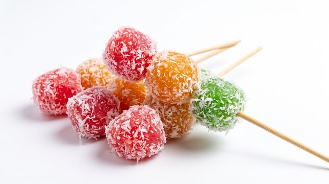 Colorful traditional Indonesian tapioca balls Cenil served on skewers with grated coconut