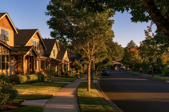Quiet residential street in Troutdale, Oregon at morning light