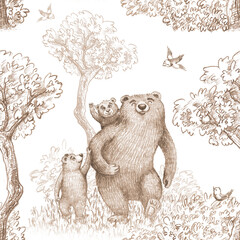 A seamless pattern with a walking bear and a cub in the forest. A hand drawn pencil illustration in a children's style for nursery wallpaper, wrapping paper, and textiles. © andrey