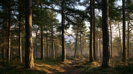 Fototapeta premium Quiet woodland of pine trees in natural alpine scenery