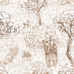 A pencil illustration in a children's style with a bear cub in the forest. A hand drawn design for packaging, interior decals, books, and textiles. © andrey