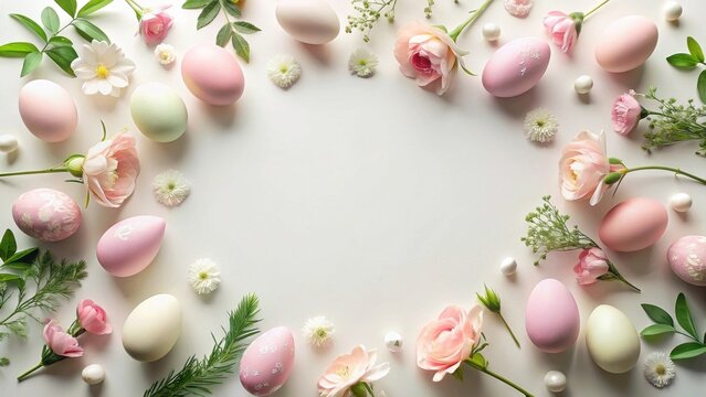 Pastel Pink Easter Eggs and Delicate Blossoms Arranged in a Festive Spring Border