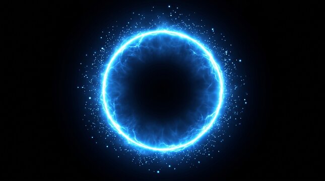 Bright electric blue energy halo forming a perfect luminous circle, intense glowing edge with soft atmospheric bloom, small particles surrounding the ring, dark black background