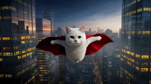 White Cat Flying Superhero Cape over City Skyline at Dusk Cinematic Concept