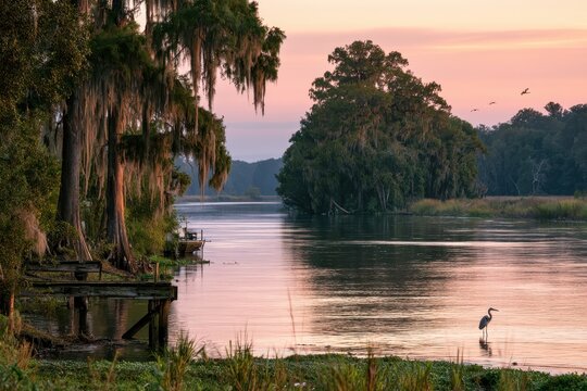 Reflections of a Florida river at dusk: calm water, moss-draped trees, and quiet wetlands