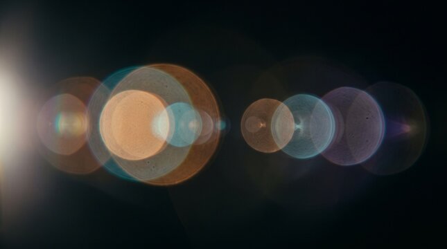 Abstract cinematic lens reflection with several soft translucent circular light artifacts, subtle cyan and amber reflections, atmospheric glow, delicate optical imperfections, dark black background