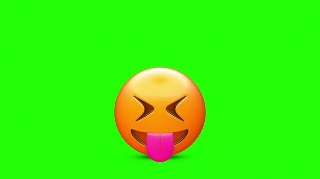 3D Glossy Squinting Emoji Character with Tightly Closed X Eyes and Sticking Out Pink Tongue Extruded Out 4k stock animation video on a green screen for chroma key background.