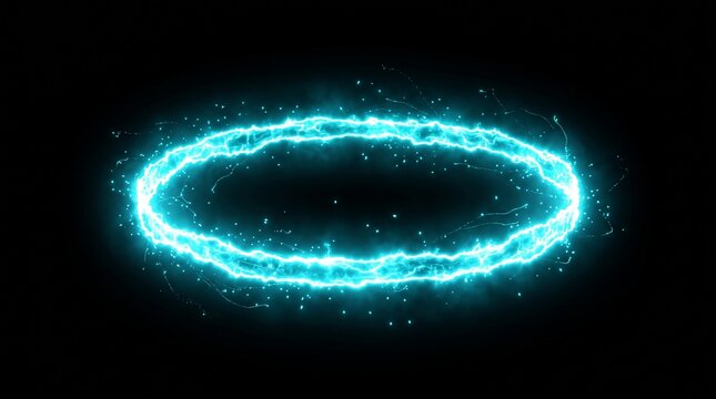 Vibrant electric cyan neon ring floating in darkness, uneven glowing energy edges, subtle sparks and tiny particles escaping from the ring, soft atmospheric bloom, futuristic technology aesthetic, iso