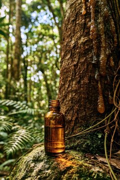 Resin droplets on copaiba bark with a small amber glass bottle of essential oil among tropical greens
