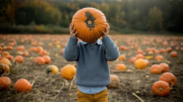 Thanksgiving Young boy holding a large orange pumpkin in front of his face in a rural pumpkin patch USA
