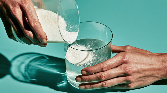 Person adds white powder from beaker into glass of water for health