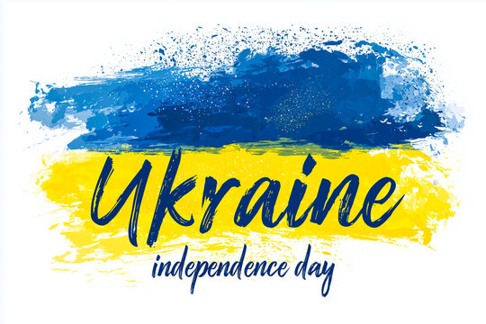 Grunge style brush painted Ukraine country flag illustration with Independence day typography
