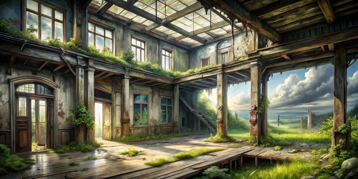 A sunlit overgrown ruin, a forgotten mansion reclaimed by nature's gentle embrace, revealing a serene landscape beyond its weathered walls