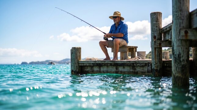 Fishing man dock ocean rod hat water summer leisure pier, man fishing calmly on wooden dock beside turquoise sea under blue sky with coastal background
