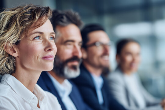 Project debriefing, business professionals sitting in a row