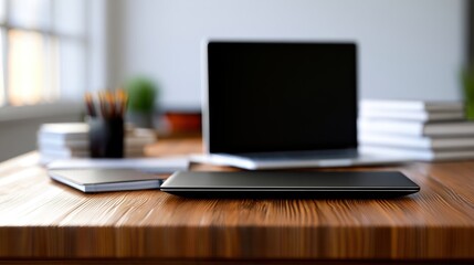 Fototapeta premium Modern workspace with a sleek laptop, closed notebook on a wooden desk, and blurred shelves behind