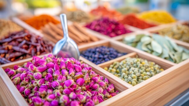 Colorful dried rosebuds, hibiscus, cinnamon, star anise and herbs arranged in wooden containers at a vibrant traditional spice market.