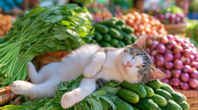 Relaxed tabby cat sleeping in a produce crate surrounded by fresh vegetables, cucumbers, tomatoes and cabbages at a colorful local market.