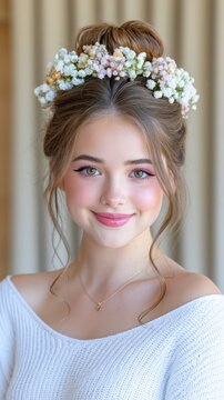 Elegant close-up portrait of a smiling woman with brown hair, blue eyes, soft pink makeup, delicate jewelry, and a pastel floral crown in a dreamy setting.