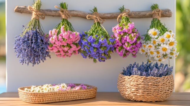Colorful wildflowers and daisies hanging to dry beside rustic woven baskets, creating a natural handmade floral display in warm sunlight.