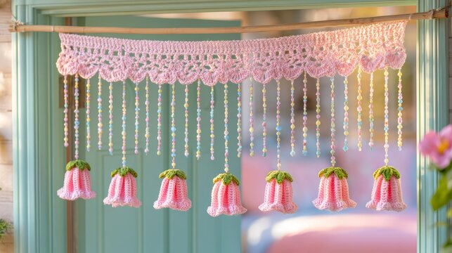 Decorative crochet doorway curtain with a pink crocheted valance, colorful bead strands, and bell-shaped ornaments hanging from a wooden rod across a mint green door frame.