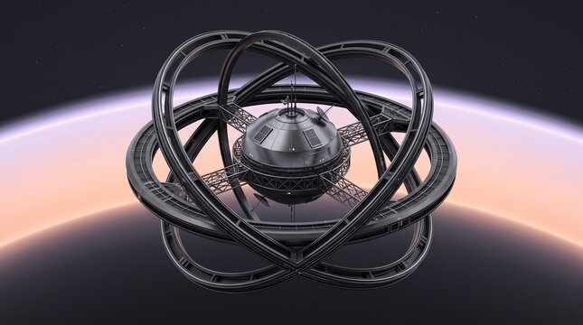 A metallic, multi-ringed orbital space station with communication arrays floats above the Earth&rsquo;s atmosphere at twilight.