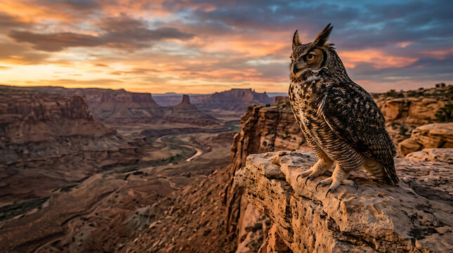 Majestic Great Horned Owl perched on a rocky outcrop overlooking a vast canyon at sunset