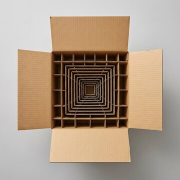 Top view of an open cardboard shipping box with internal grid dividers for safe bottle transport
