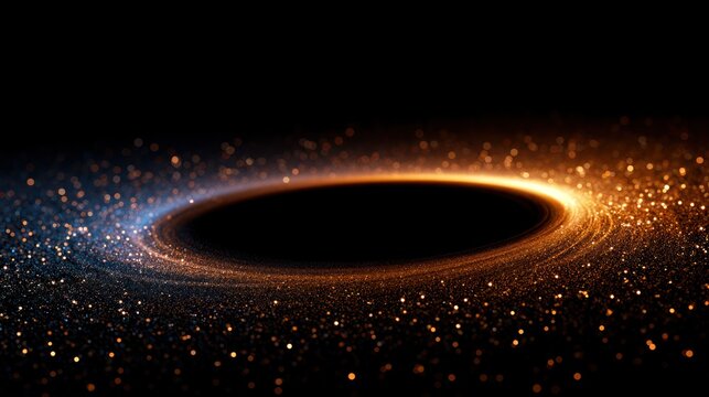A swirling black hole emits glowing dust and light, creating a cosmic and mysterious scene in deep space