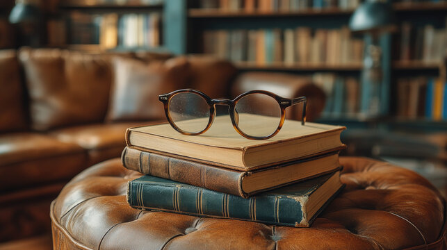 Vintage Reading Glasses Resting on Stack of Old Books in Cozy Leather Library with Bookshelves Background