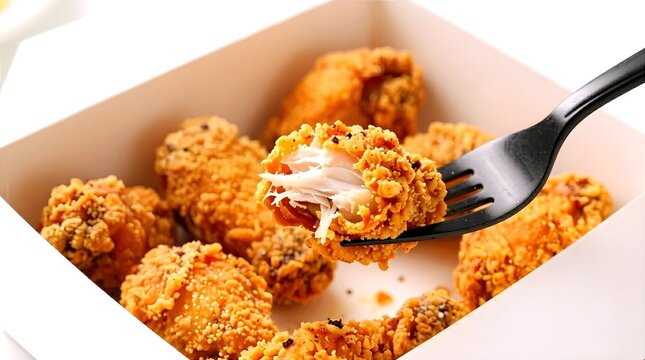 Close up shot of crispy golden fried chicken piece held by a black fork showing juicy white meat inside with crispy nuggets in a paper box container.