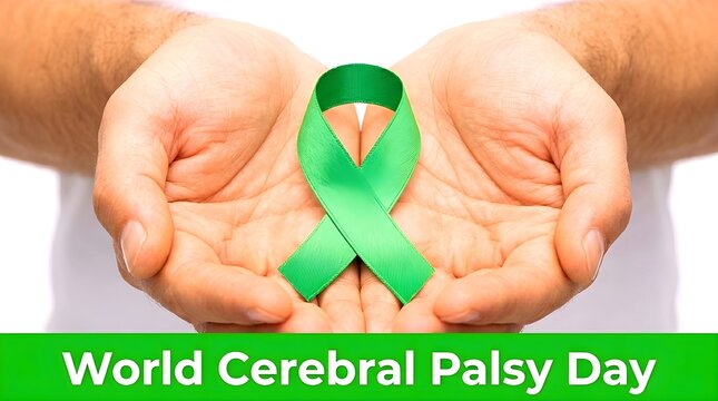 World Cerebral Palsy Day concept featuring hands holding a green awareness ribbon with a green banner text isolated on a clean white background.