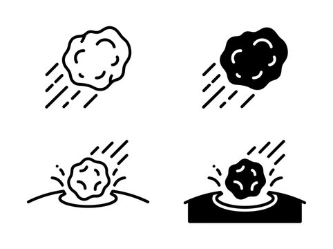 Meteorite impact and falling asteroid vector icons set with meteorite