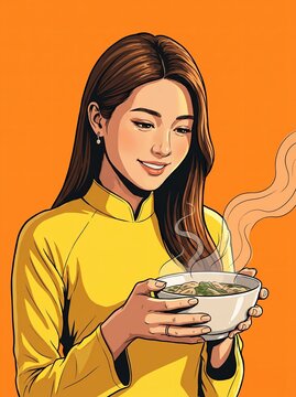 A smiling young woman in a bright yellow traditional Vietnamese ao dai dress holds a steaming bowl of delicious hot noodle soup against orange background.

