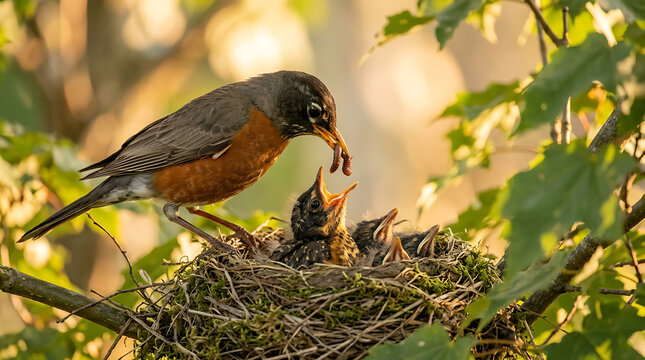 Parent Robin Feeding Worms to Hungry Chicks in a Mossy Nest Amidst Green Foliage