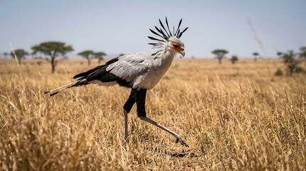 Obraz premium Secretary bird striding through African savanna grasses, actively hunting for prey on a bright, sunny day
