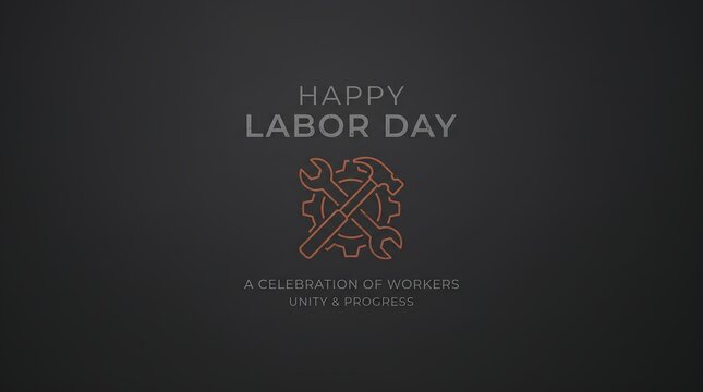 Minimalist Labor Day greeting card with industrial tool icons on a dark gray background.