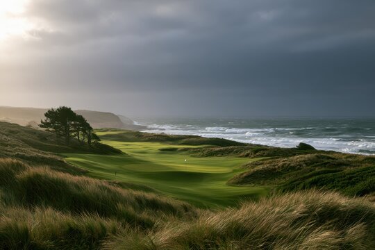 Seaside links with rolling greens and ocean backdrop in the Pacific Northwest