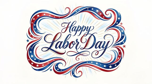 Ornamental Labor Day typography inside patriotic red, white, and blue flourishes.