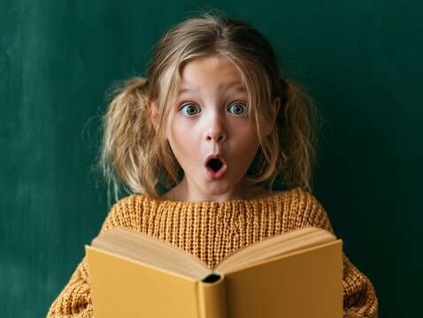 Close-up of a funny young girl over an isolated green school wall