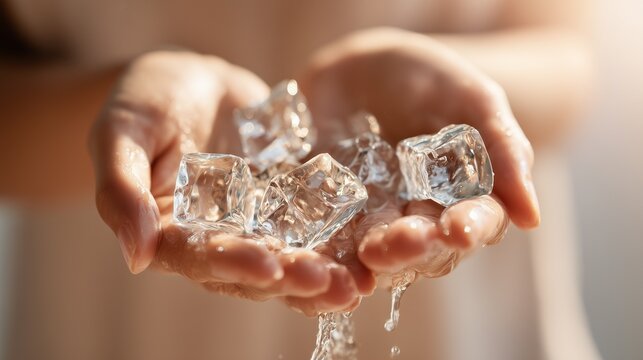 Female hands holding several wet ice cubes with sunlight sparkling