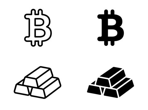 Bitcoin currency and gold bullion bar icons in outline and glyph