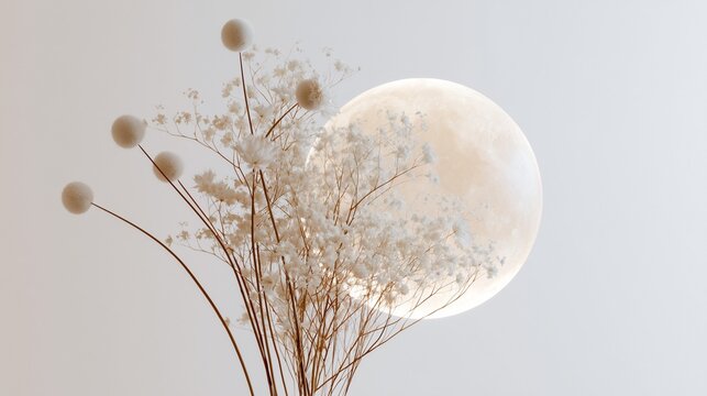 Realistic full moon with delicate dried white flowers, minimal composition