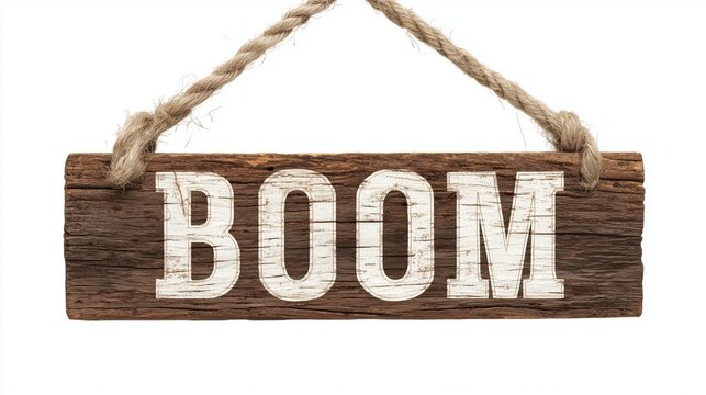 Rustic sign with BOOM text isolated on white background