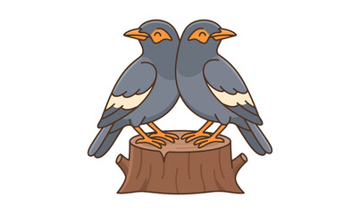 Obraz premium Pair of Myna Birds Perched on Tree Stump Illustration On PNG Backgroun, myna, mynah, bird, pair, couple, perched, tree stump, branch, nature, wildlife, animal, gray, feathers, 