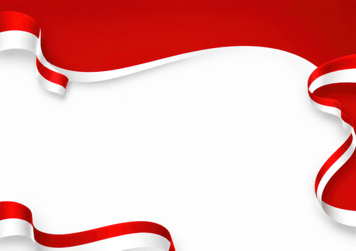 Red and White Festive Border Background with Decorative Ribbon and Bunting