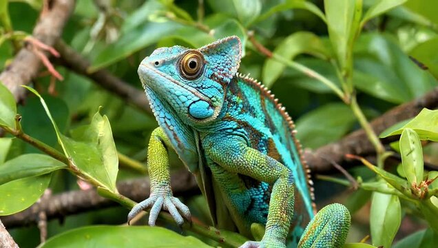 crisp 4K close-up captures a fascinating chameleon highlighting its color-changing skin patterned textures curious eyes and natural movement in its habitat making stunning wildlife stock footage